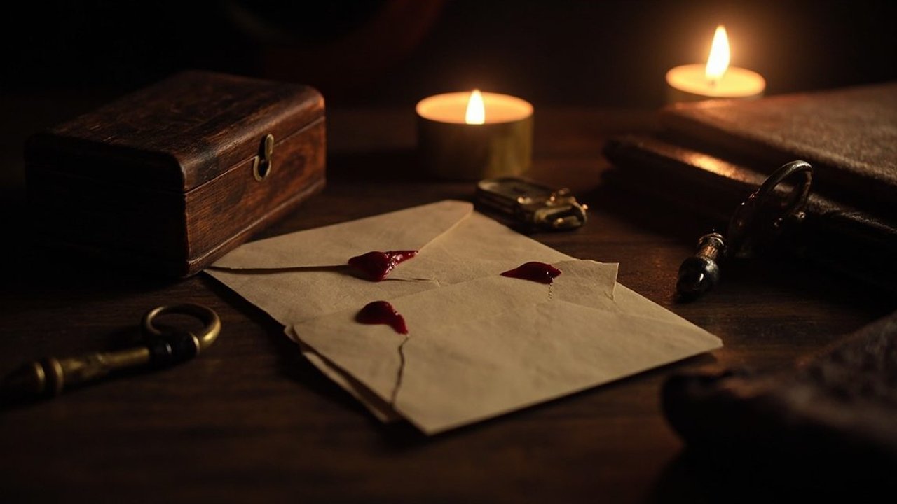 Two paper envelopes sealed with red wax lying on a dark wooden desk by candle light, with a small closed wooden box, a brass padlock, an old key and leather notebooks around them.