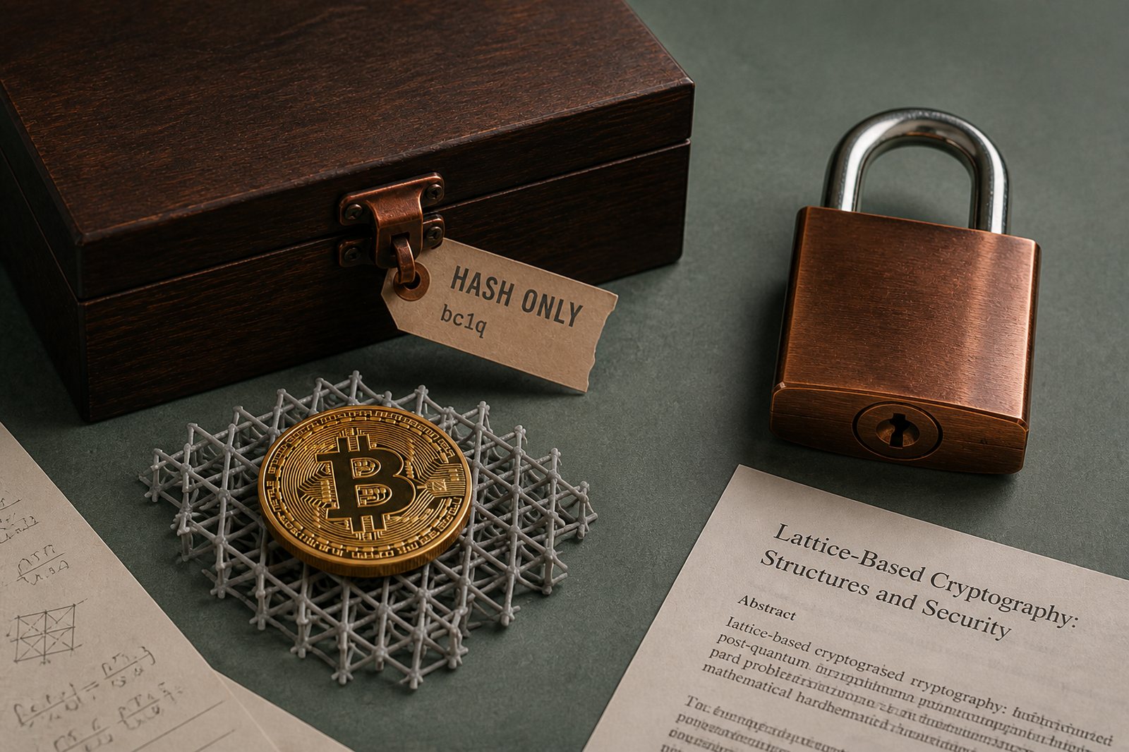 A physical Bitcoin coin sitting on a crystalline lattice, with a heavier copper lock beside an old wooden box.