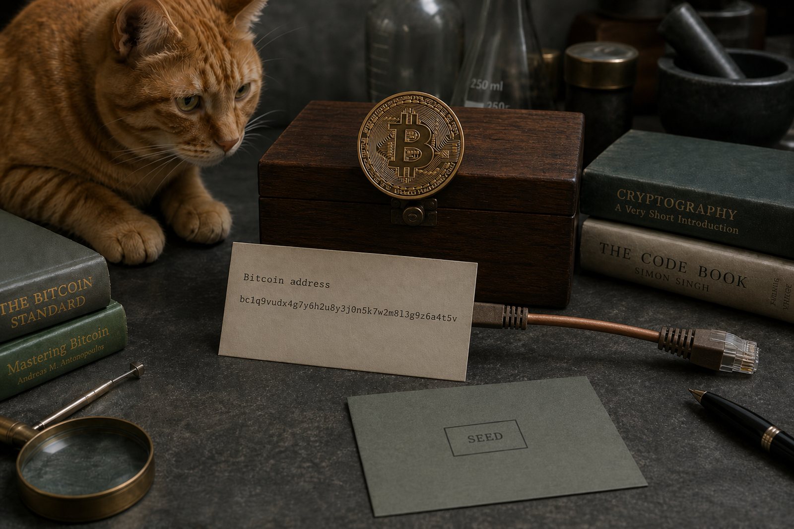A Bitcoin address card clipped to a copper cable, a physical bitcoin on a sealed box, and a seed card left face-down.