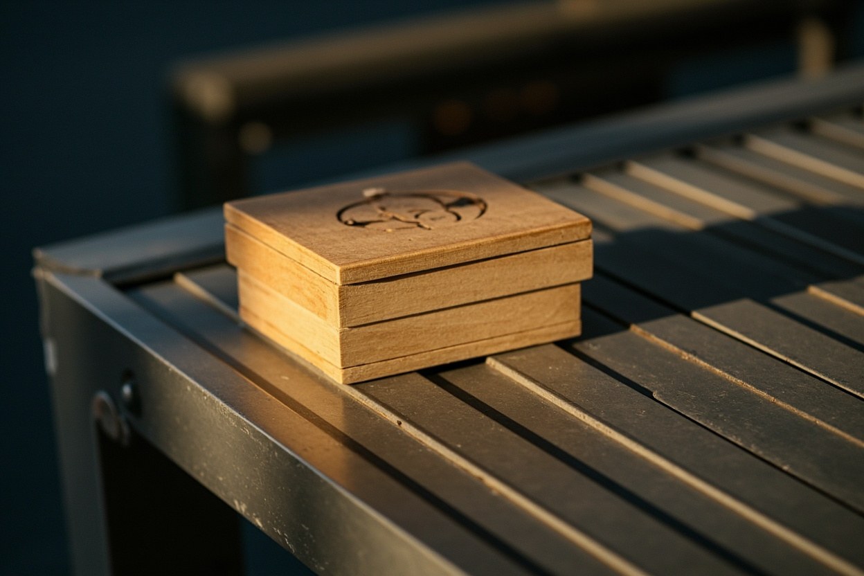 A small wooden puzzle box sits closed on a metal shelf, late afternoon daylight falling across the surface, no labels, no cables, no screens in frame.