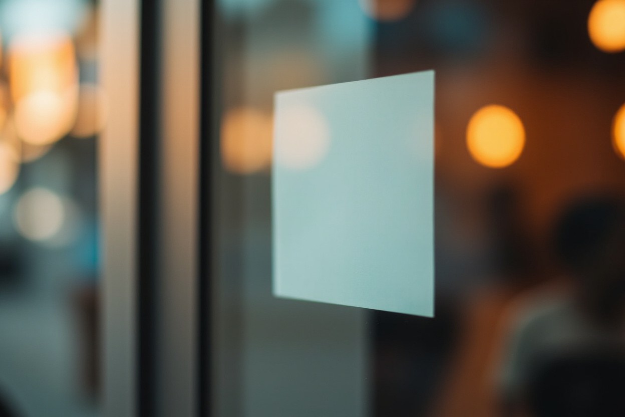 Close-up of a printed square sticker resting against a glass surface, with the rest of the frame out of focus in warm interior light.
