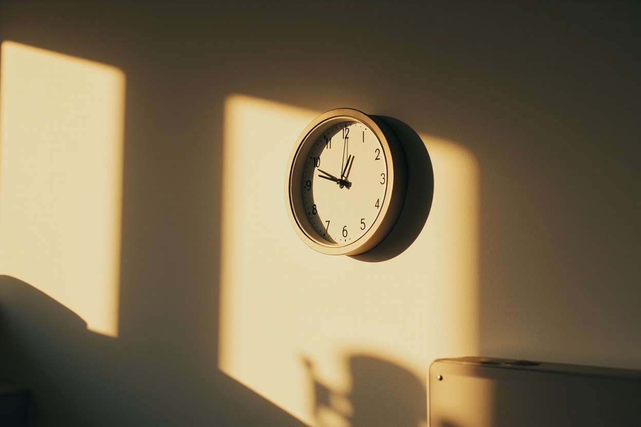 A round analogue wall clock on a plain interior wall, late afternoon daylight slanting across the face