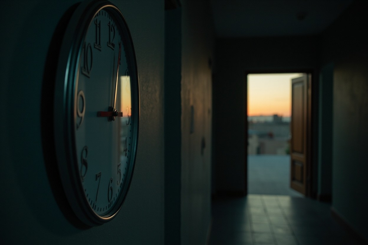 An analogue dial clock on a dim interior wall with a thin red second hand and a sliver of dusk light through a doorway