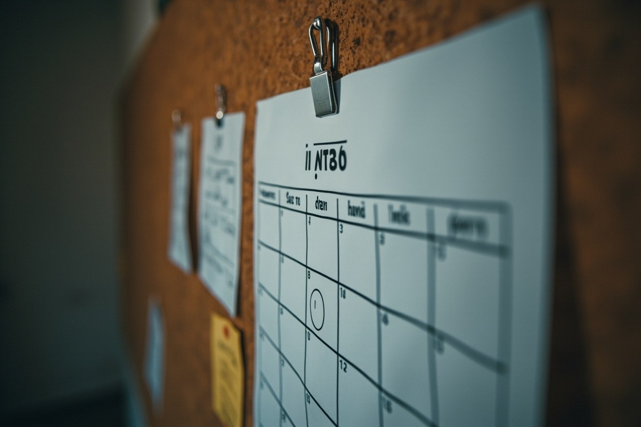 A wall calendar pinned to a corkboard, with one date circled, in a quiet interior