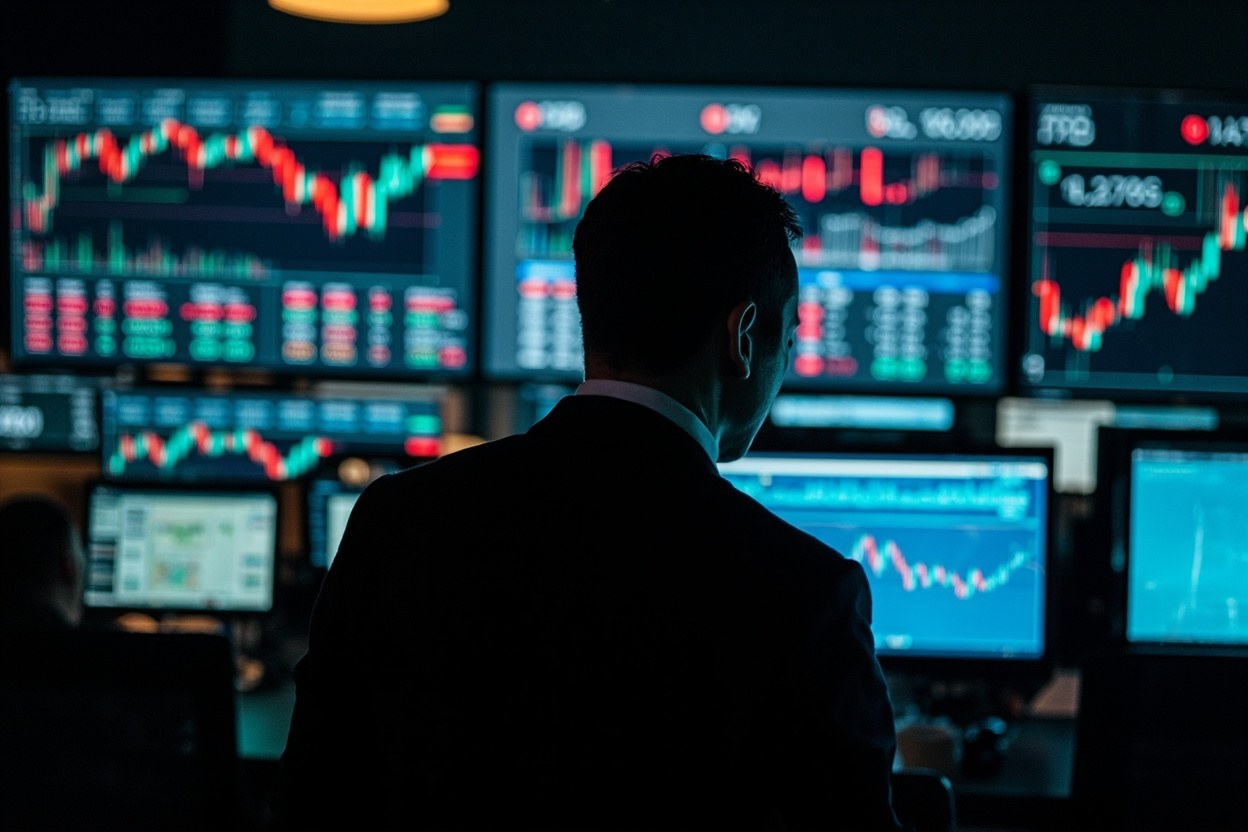 A trader standing in front of a wall of monitors showing tape and order book in a dim office interior