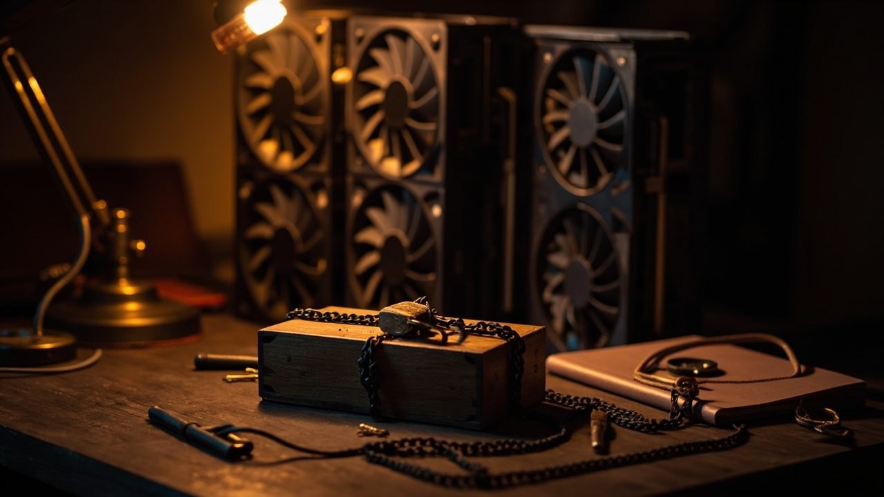A small wooden box bound with an iron chain and a brass padlock on a dark workbench, with a row of computer graphics cards standing behind it under a warm desk lamp.