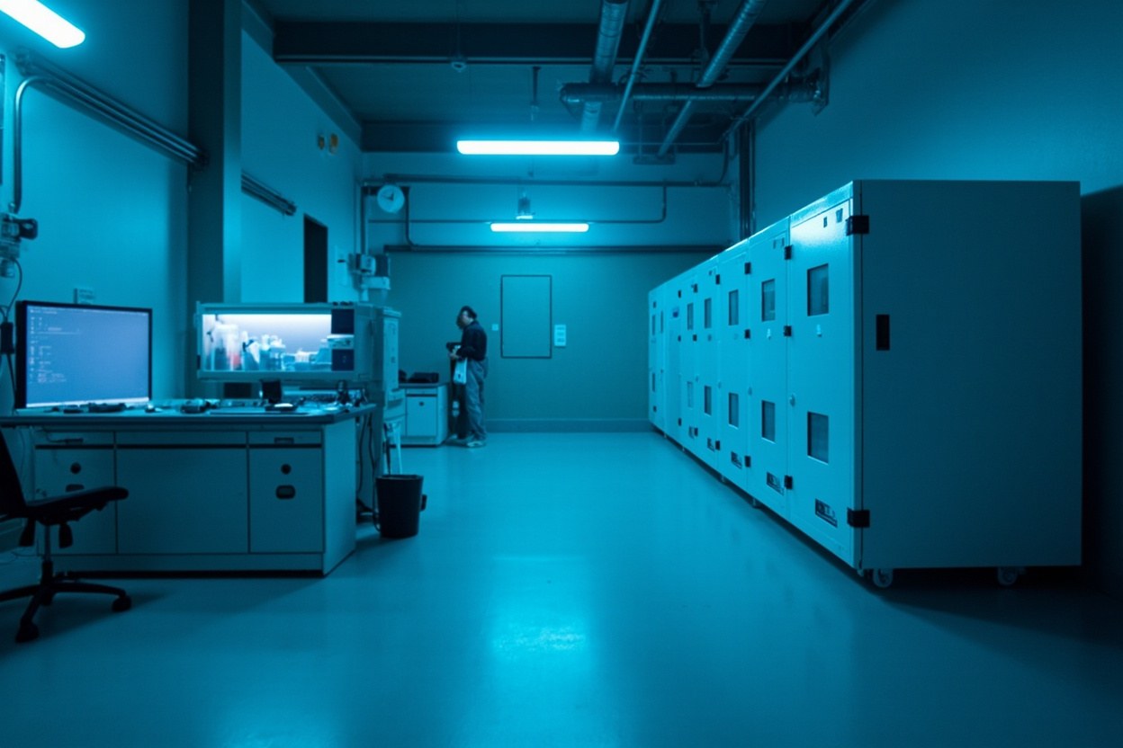 A laboratory interior lit by cool blue light, with a row of cylindrical dilution refrigerators along the back wall and a single wall-mounted screen showing a descending curve