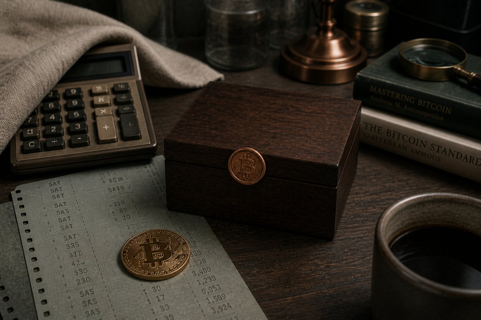 A mothballed calculator under cloth; in front, a physical bitcoin and a sealed wooden box.