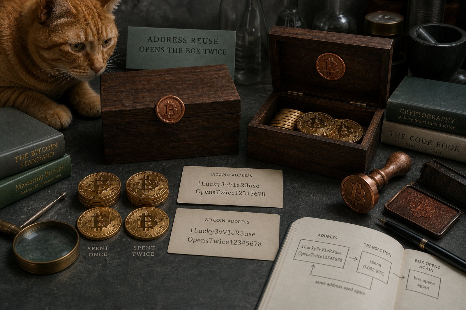Two matching Bitcoin address cards and physical bitcoins next to one sealed box and one open box.