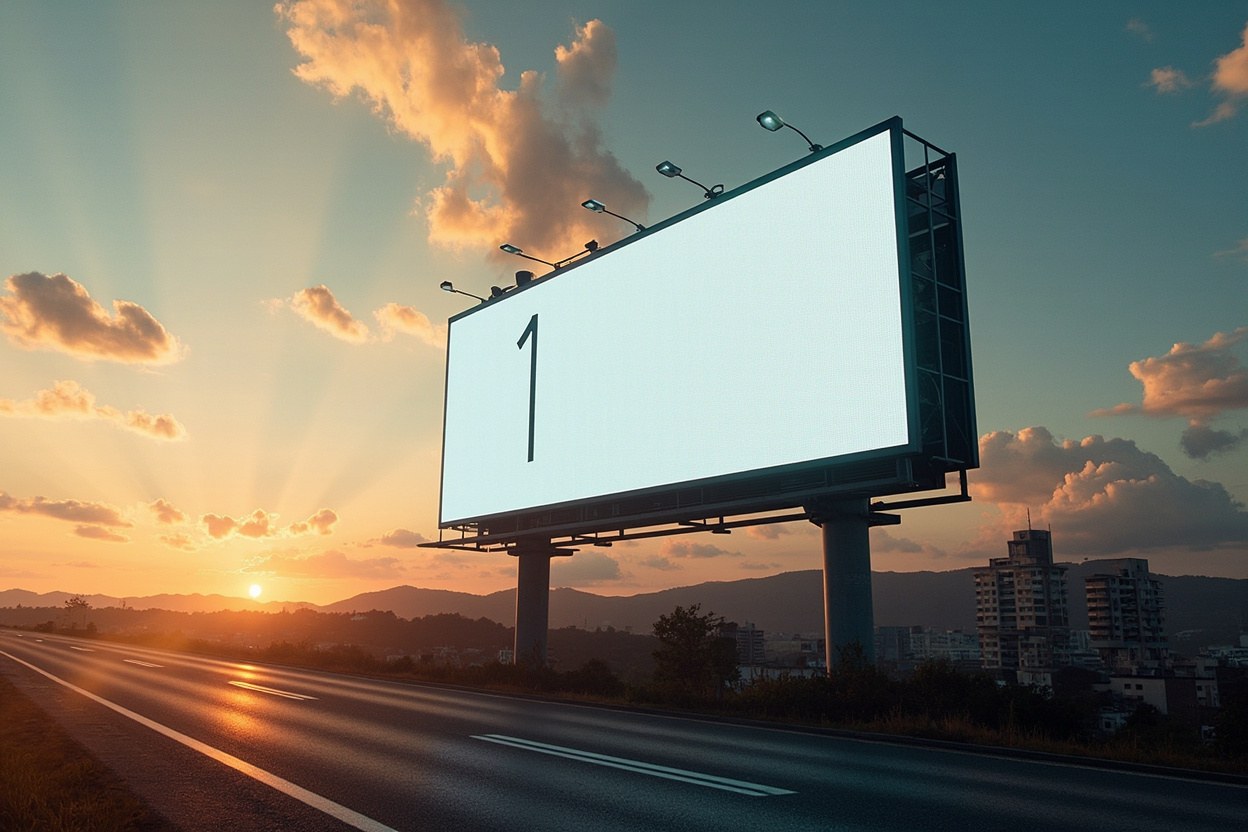 Wide angle of a digital billboard at dawn, the screen blank except for a single tall numeral nine followed by a smaller b, the surrounding street empty in the half light.