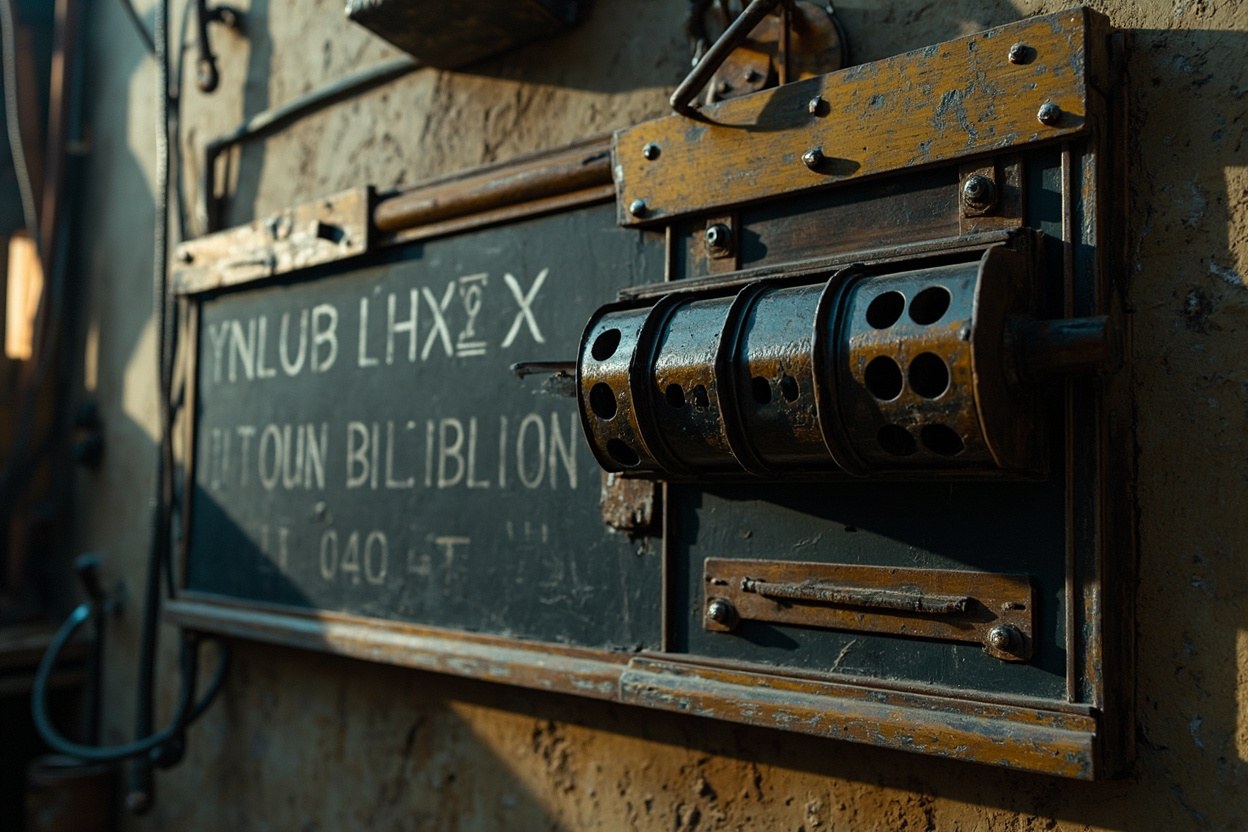 A large mechanical counter mounted on a workshop wall, with the public key of a legacy Bitcoin address chalked beside it, daylight through a high window