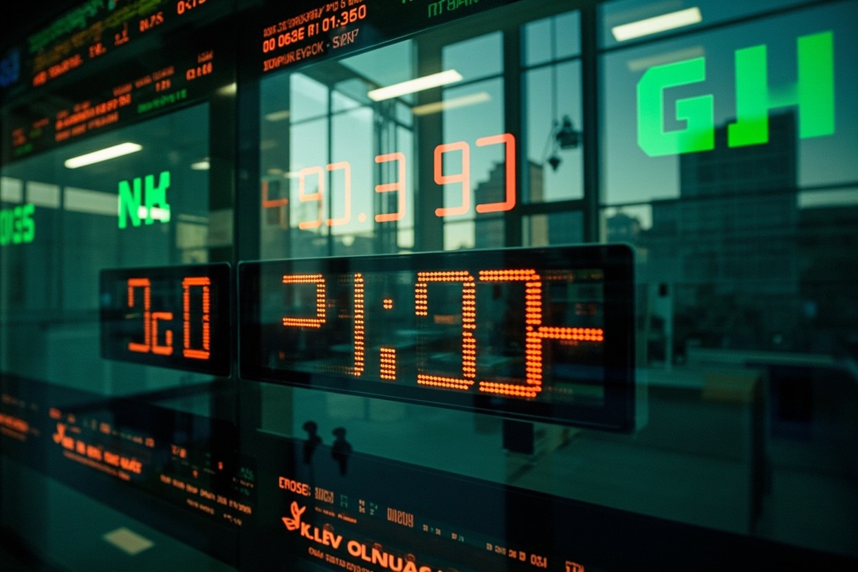 A wide interior of a trading floor with green and red tickers reflected in glass, late afternoon daylight through tall windows