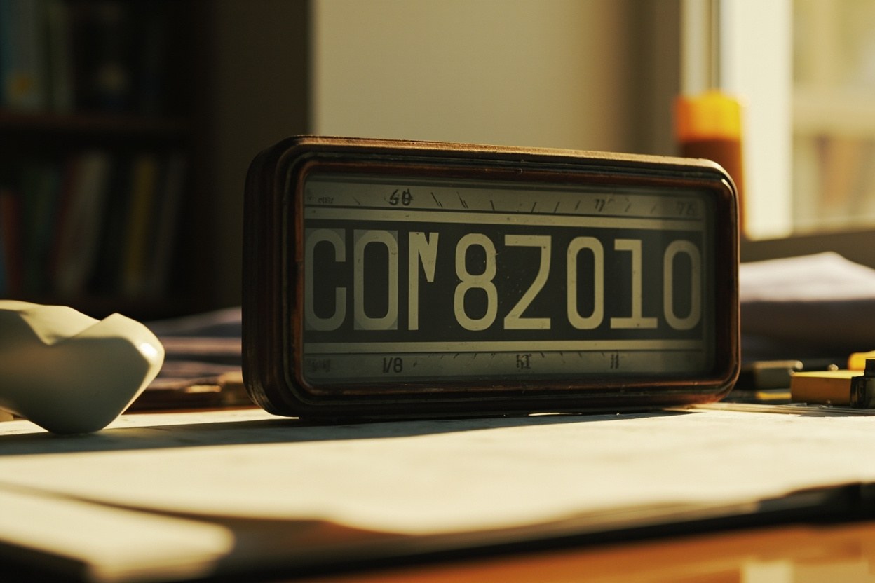 A vintage flip clock on a desk in a sunlit study, the digits mid rotation, suggesting a counter in motion rather than a static display