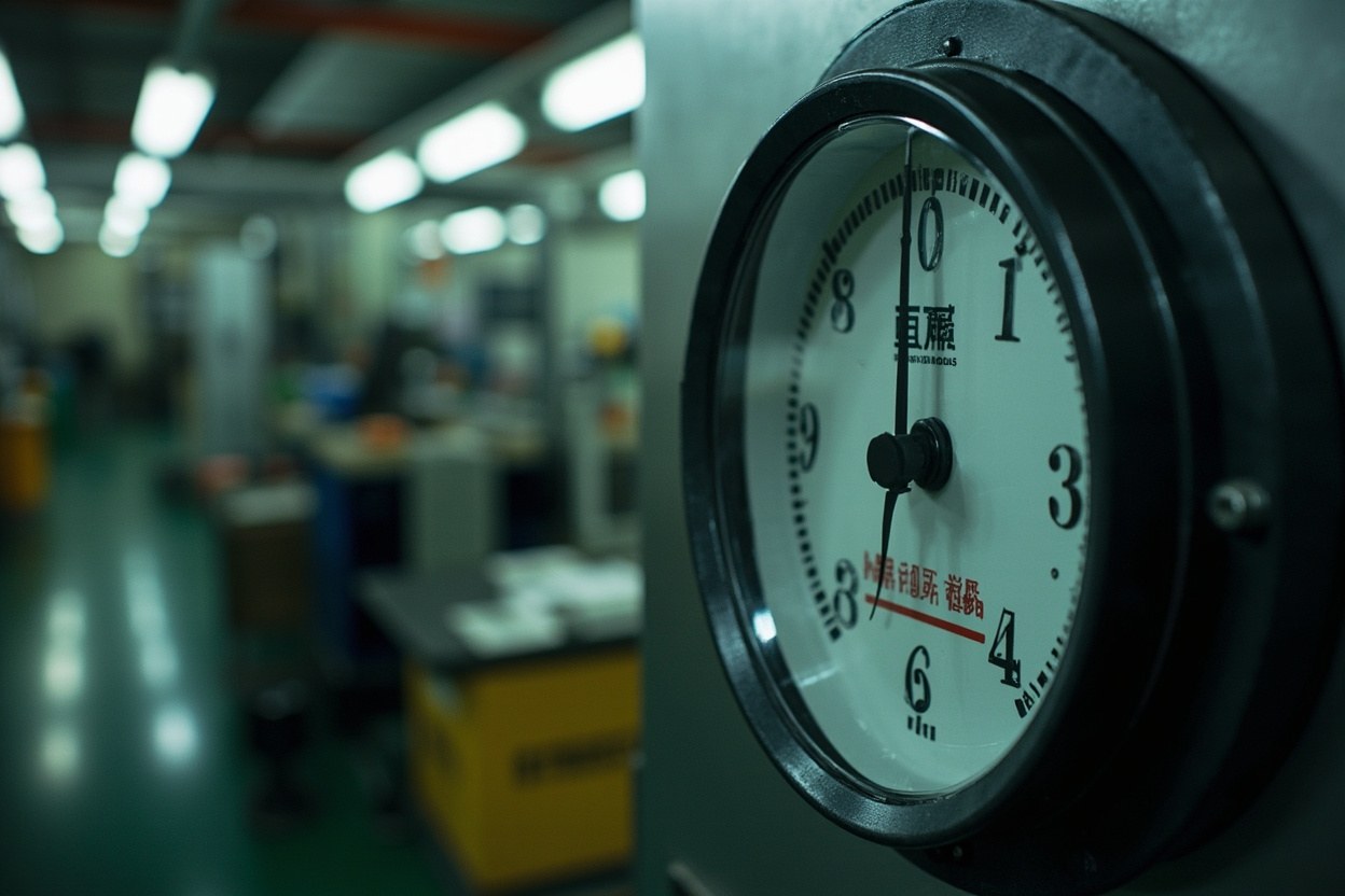 A round analog dial mounted on a workshop wall, the needle resting just past the twelve mark on a numbered scale, soft daylight from a high window.