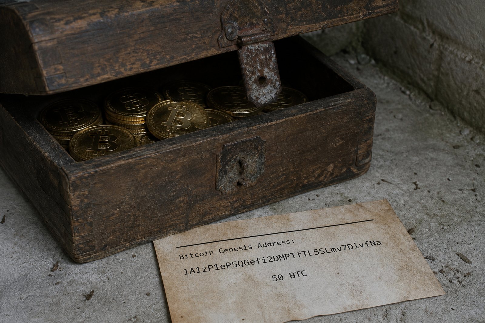A dusty 2009-era chest of early physical bitcoins beside a yellowed printout of the genesis address 1A1z.