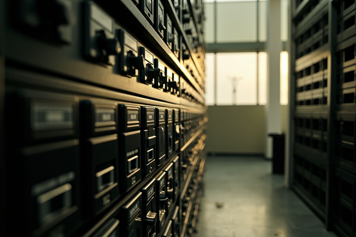A wall of small labelled drawers in a vault interior, light falling across the rows from a high window in the late afternoon.