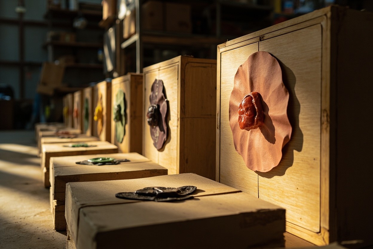 A row of sealed wooden boxes sits in a sunlit workshop, each box marked with a different coloured wax seal and only one seal broken open