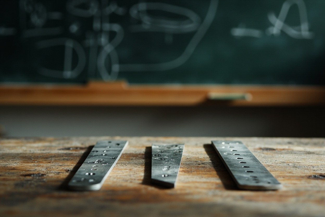 Two steel rulers laid side by side on a workshop bench, a chalkboard of equations behind them in soft daylight