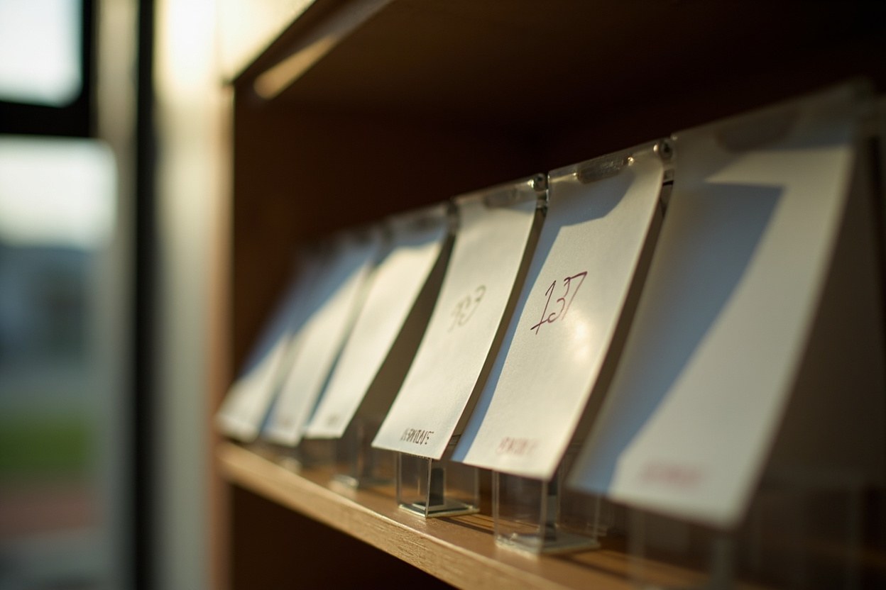 Five paper cards in a row on a shelf, each stamped with a number, lit by daylight from a side window.