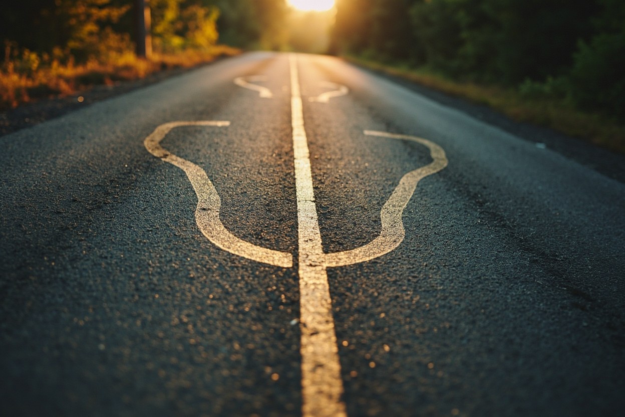 Two parallel chains drawn as a fork in a road, lit from above in low daylight