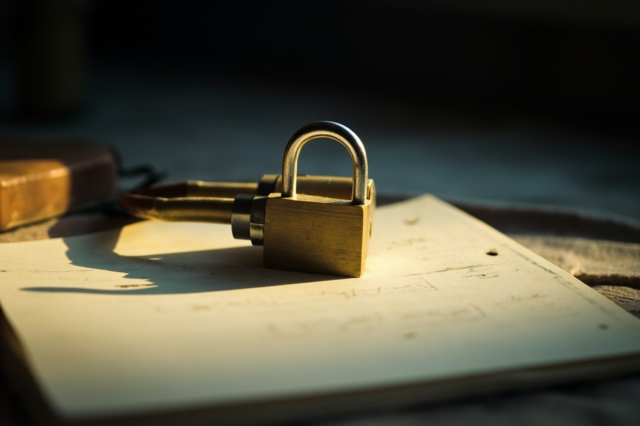 A brass padlock on a paper notebook page, lit from one side, in a quiet room interior