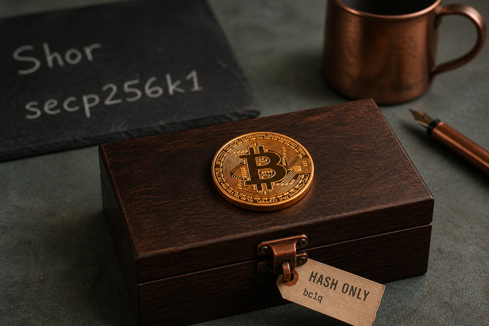 A physical Bitcoin coin on a sealed wooden box, with a blurred chalkboard behind it marked Shor and secp256k1.