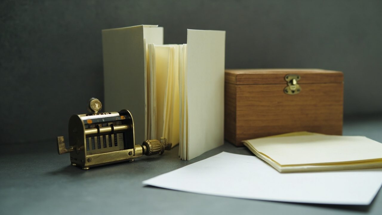 A brass mechanical tally counter beside a stack of blank cards, loose sheets of paper and a closed wooden box with a brass clasp.