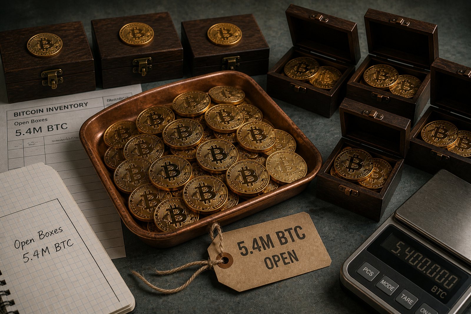 A copper tray of physical bitcoins and several open wooden boxes, tagged 5.4M BTC OPEN.