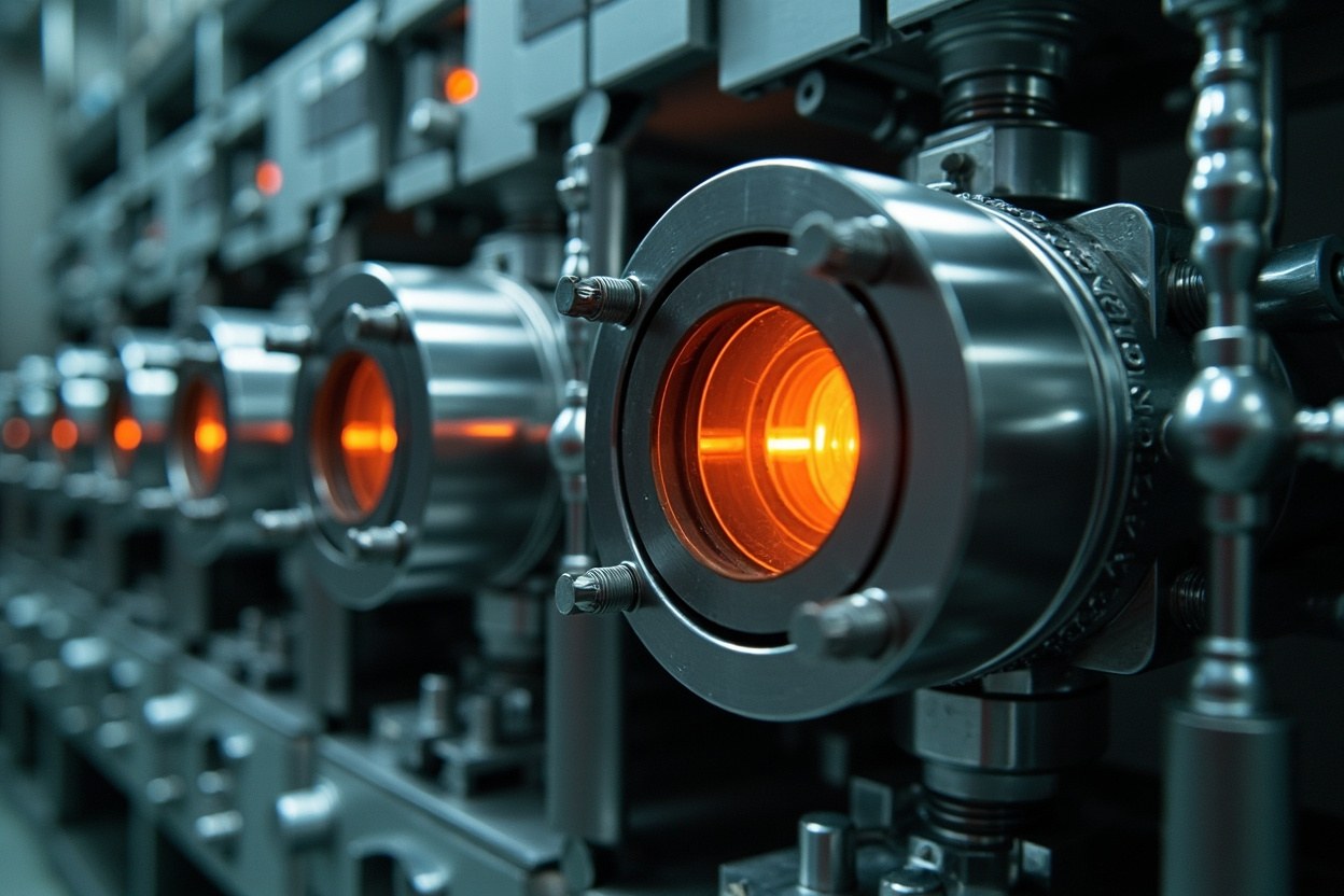 A rack of metal vacuum chambers in a daylight lab, with a single orange ion glowing inside the central chamber and a bank of green oscilloscope traces on a side bench.
