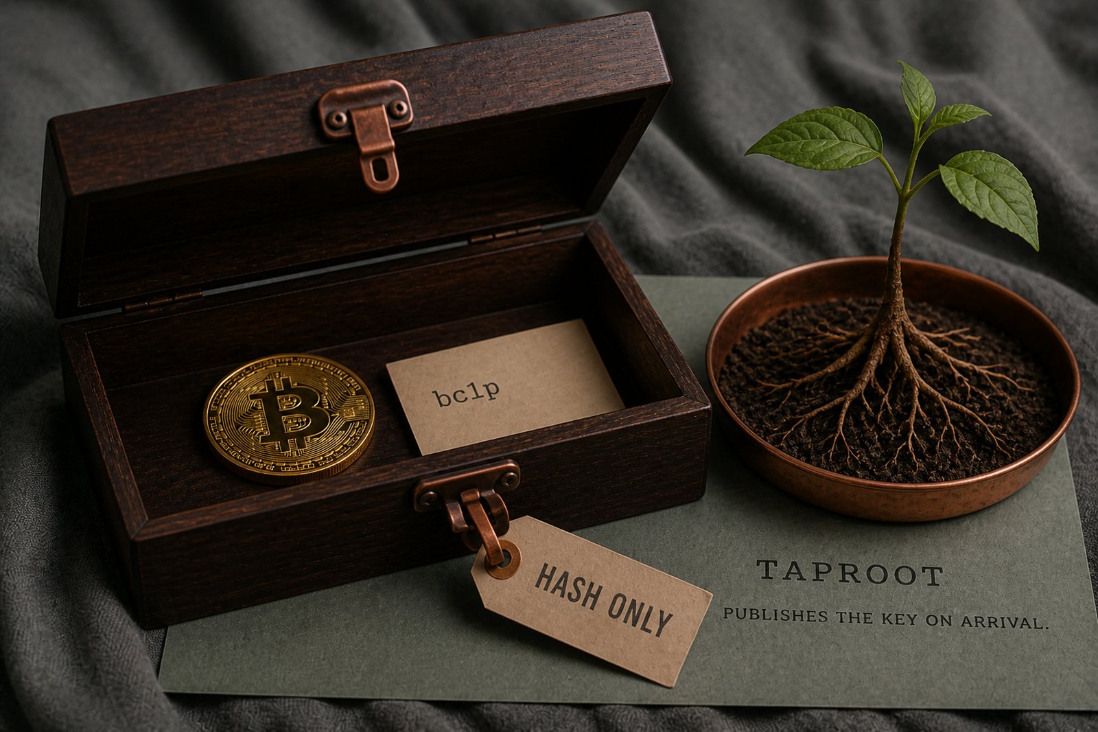 An open wooden box holding a bitcoin and a bc1p card, next to a small taproot sapling in a copper dish.