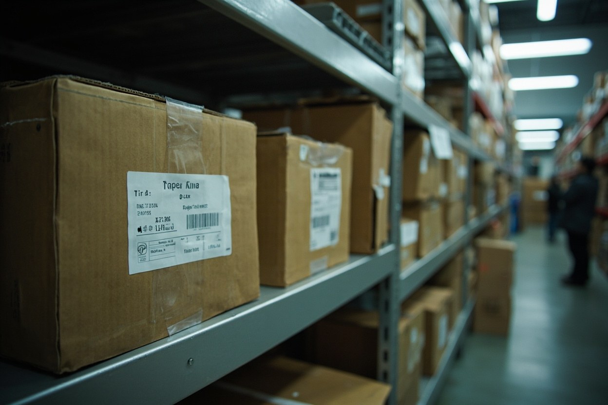 A pair of labelled cardboard boxes on a metal shelf in a stockroom, fluorescent interior