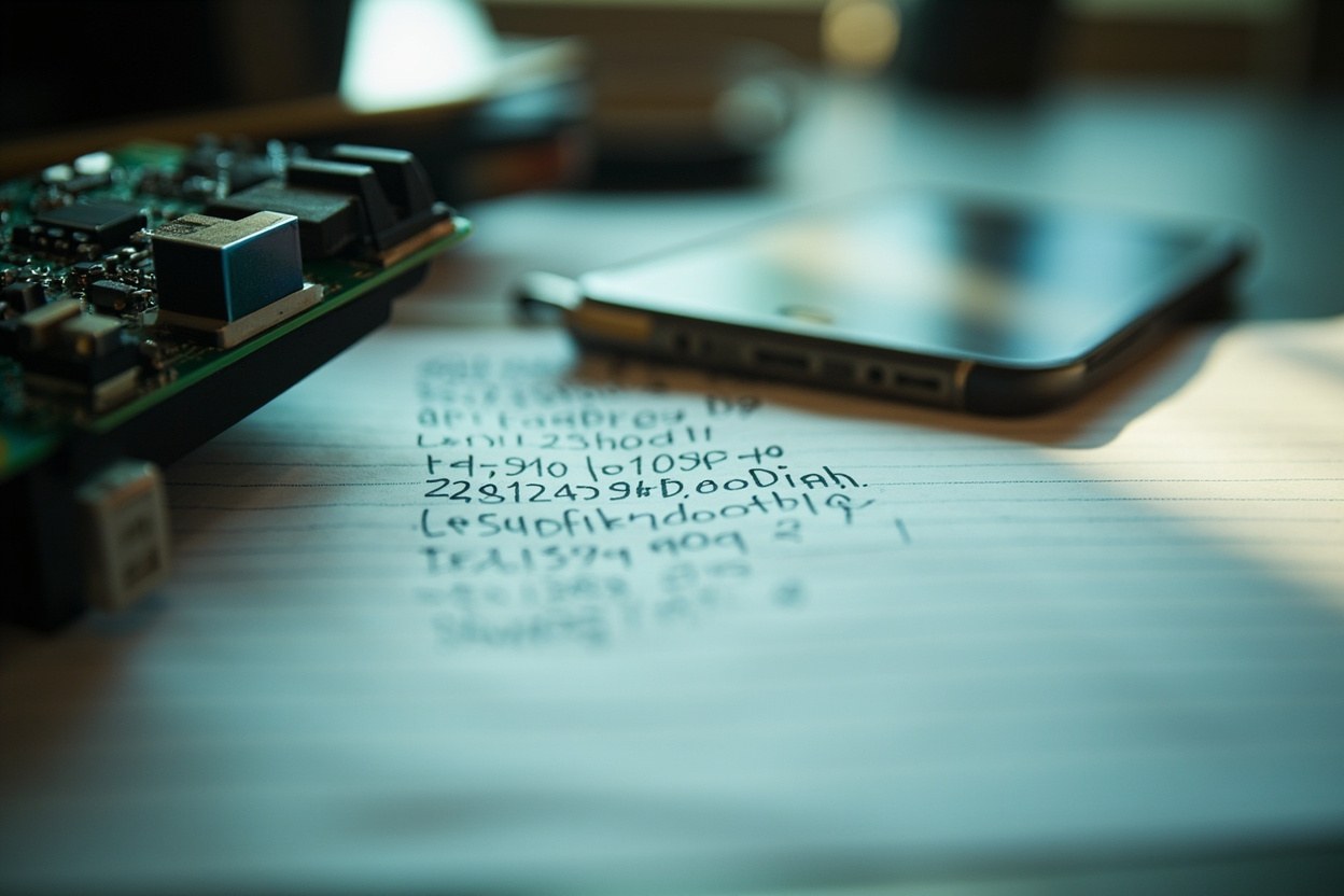 A close-up of a hardware device near a notebook page showing a long alphanumeric string, soft window light across the desk surface interior