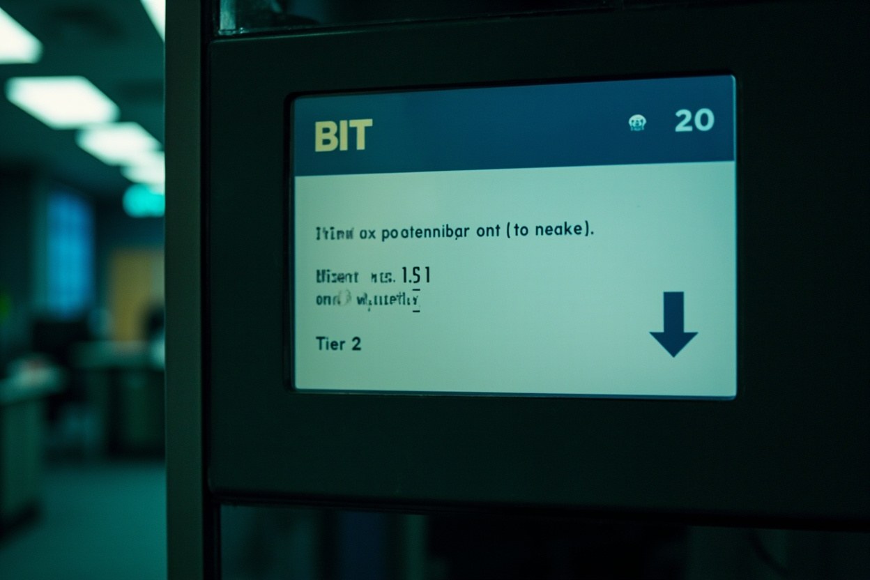A terminal window in dim office daylight, monospaced text reading Tier 1 and Tier 2 figures with a downward arrow beside the second figure