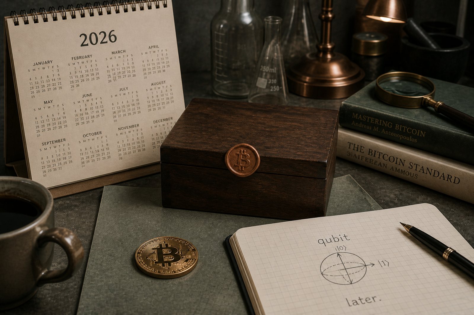 A 2026 calendar, a sealed box with a Bitcoin wax seal, and a physical bitcoin sitting safely on the desk.