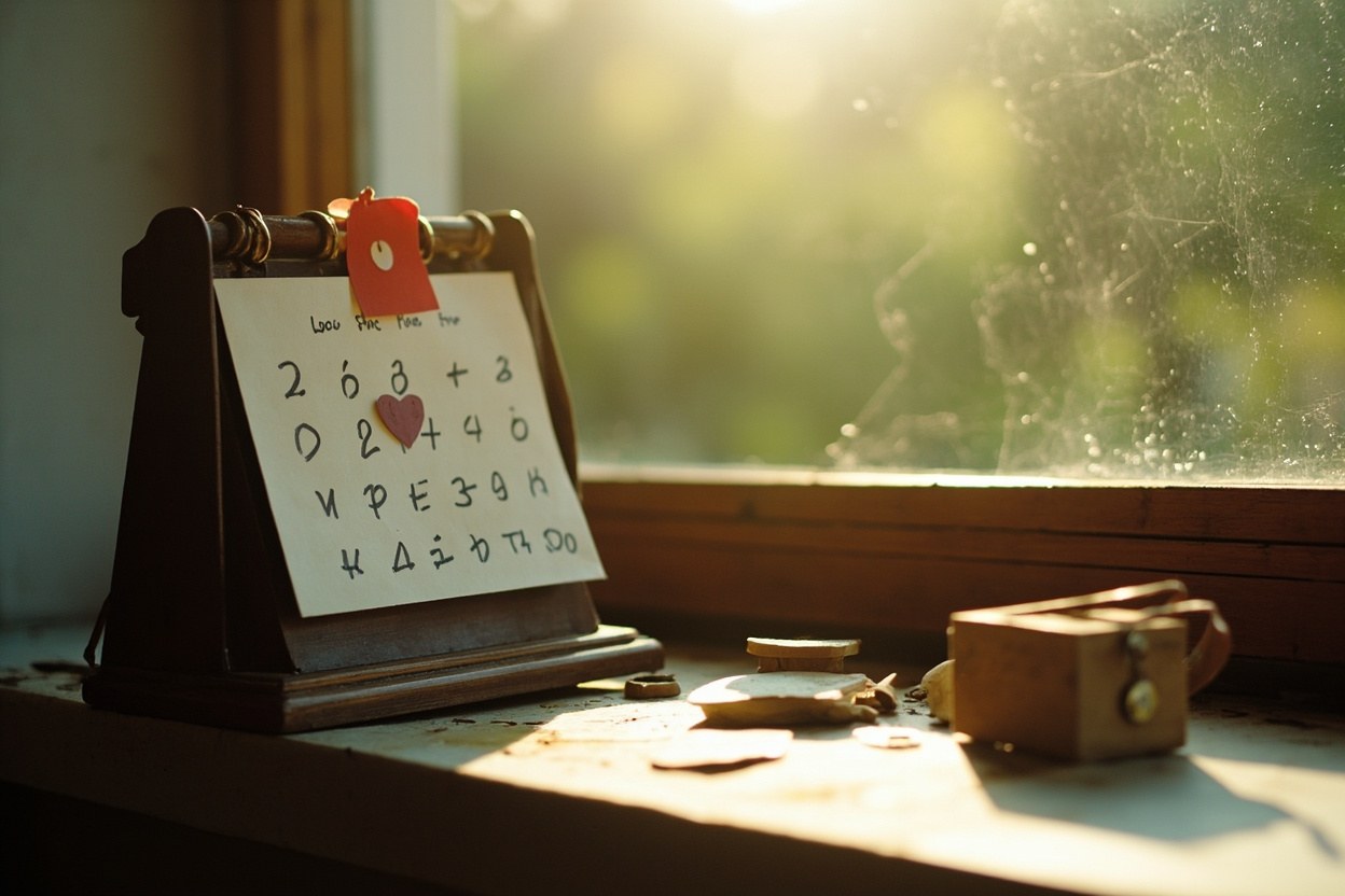 An old-fashioned desk calendar with a stiff red tag stands near a small wooden box on a sunlit windowsill, soft afternoon light.