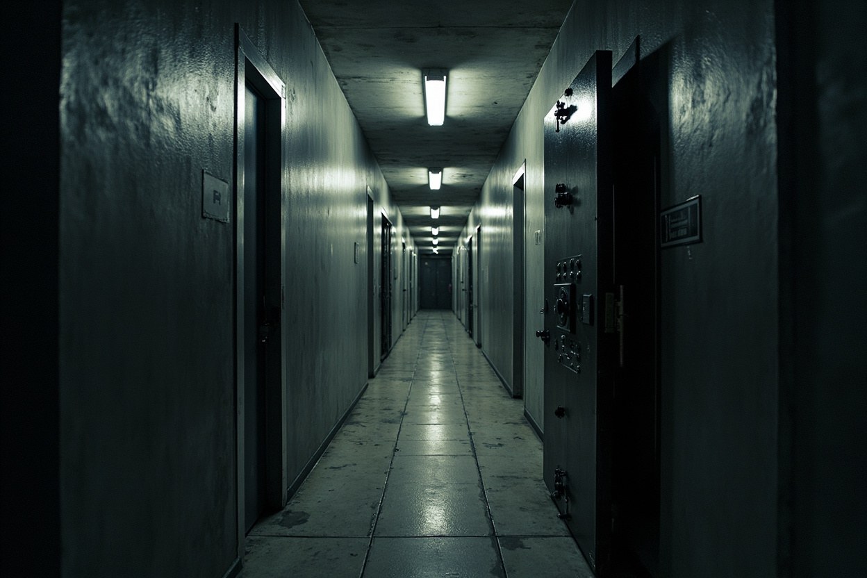 A heavy steel vault door partly ajar in a dim concrete corridor under flat fluorescent interior lighting, a single ceiling lamp visible.