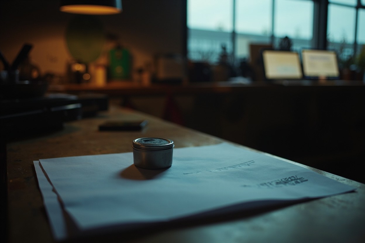 A small metal tin on a workshop bench beside a paper backup, lit by a single window at dusk.