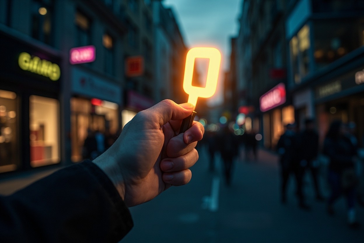 A glowing numeric key materialises in the air above a darkened city street at dusk, as if broadcast from a transmitter on a rooftop