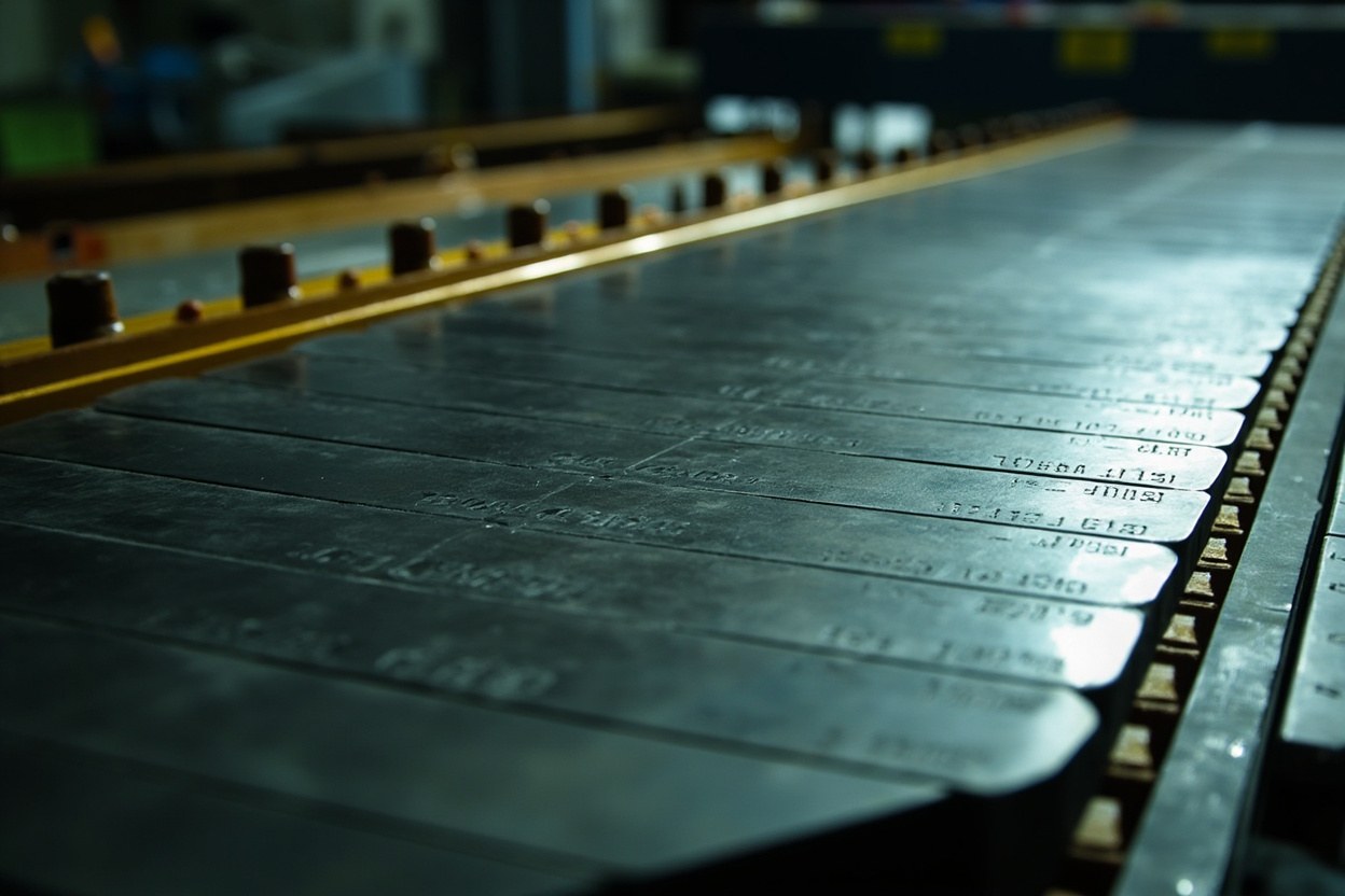 A close up of etched metal plates lined up in a workshop interior, each plate stamped with a long alphanumeric string under fluorescent light.