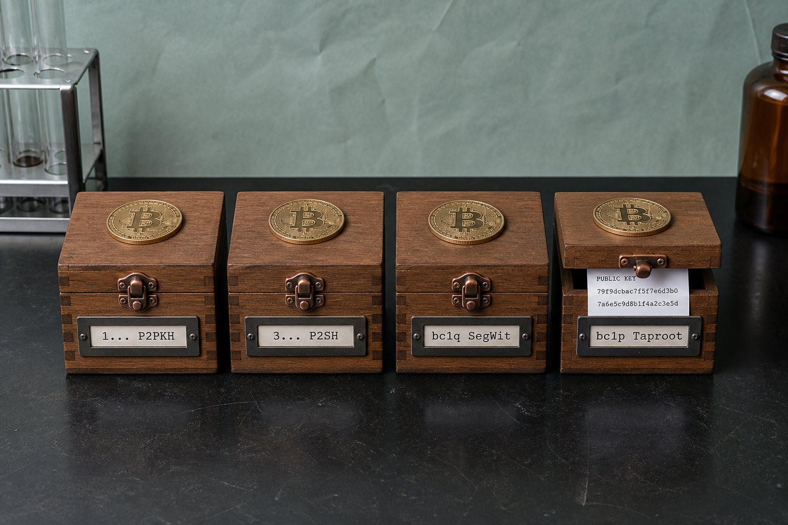 Four specimen boxes labeled 1, 3, bc1q and bc1p, each with a physical Bitcoin coin; the Taproot box is slightly open.