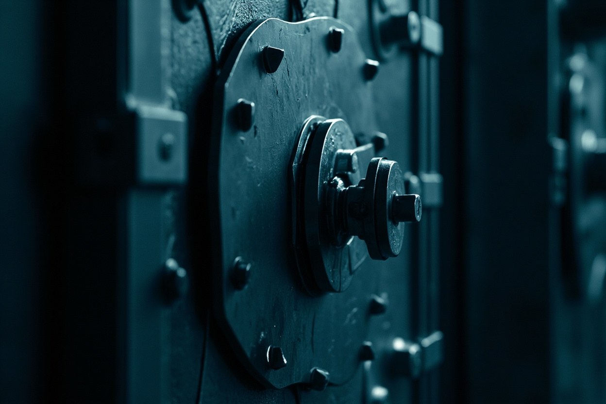 A heavy steel vault door closed in low interior light, the central locking wheel slightly off centre, suggesting long disuse, photographed in a concrete corridor.