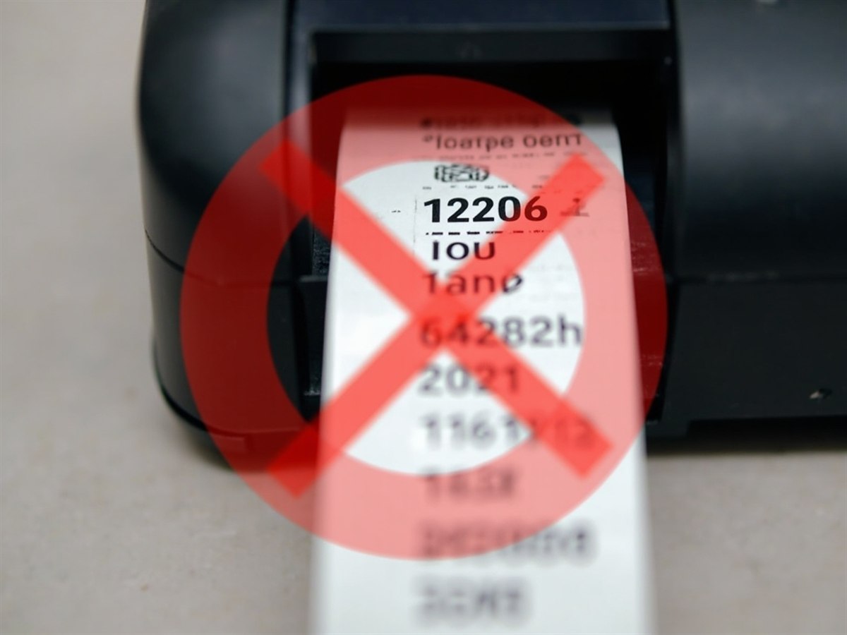 A label printer printing a string into a wallet name field, with the printout crossing out into a red no-symbol.